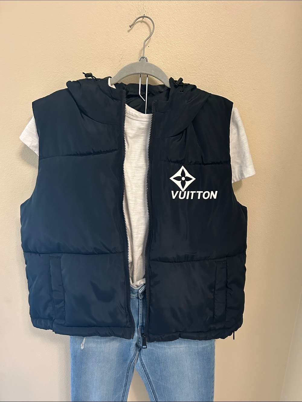 FASHION Black Puffer Vest with logo on front and back with Hood